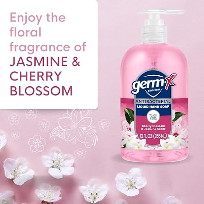 Germ-X ANTIBACTERIAL HAND SOAP, MOISTURIZING LIQUID HAND WASH FOR BATHROOM, PH BALANCED & DERMATOLOGIST TESTED, BACK TO SCHOOL SUPPLIES, JASMINE & CHERRY BLOSSOM, 12 OZ PUMP BOTTLE (PACK OF 4) - Image 4